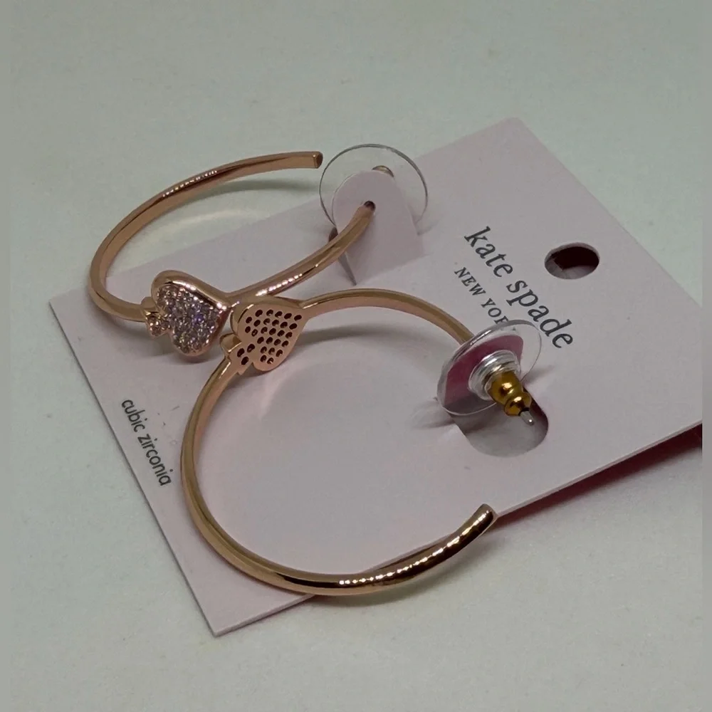 NEW Kate Spade Rose Gold Tone Pave Everyday Spade Hoop Earrings CZ Dust Bag Gift